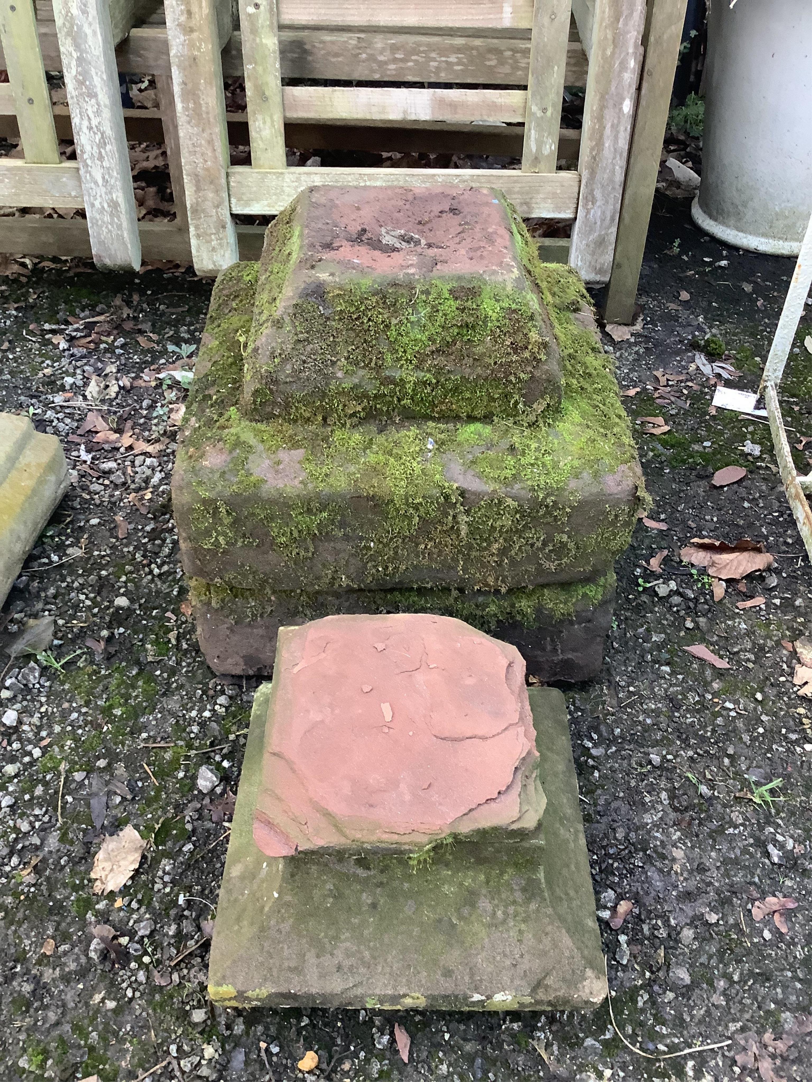 Three natural stone stepped square shaped garden plinths, larger 43cm, height 16cm. Condition - poor to fair